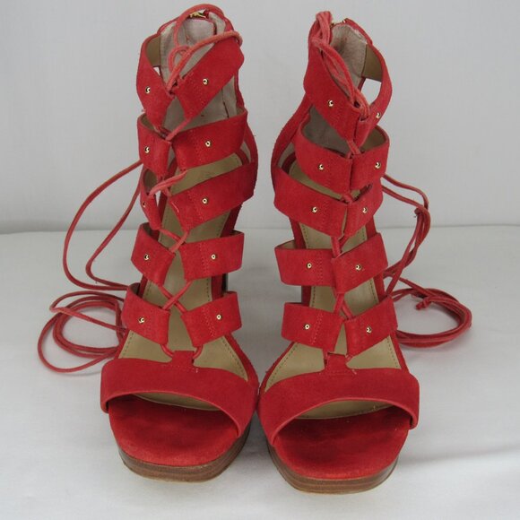 Micheal Kors Red Suede leather SOFIA Lace Up Gladiator Heel Sandal 4" Women's 7 - Picture 3 of 10
